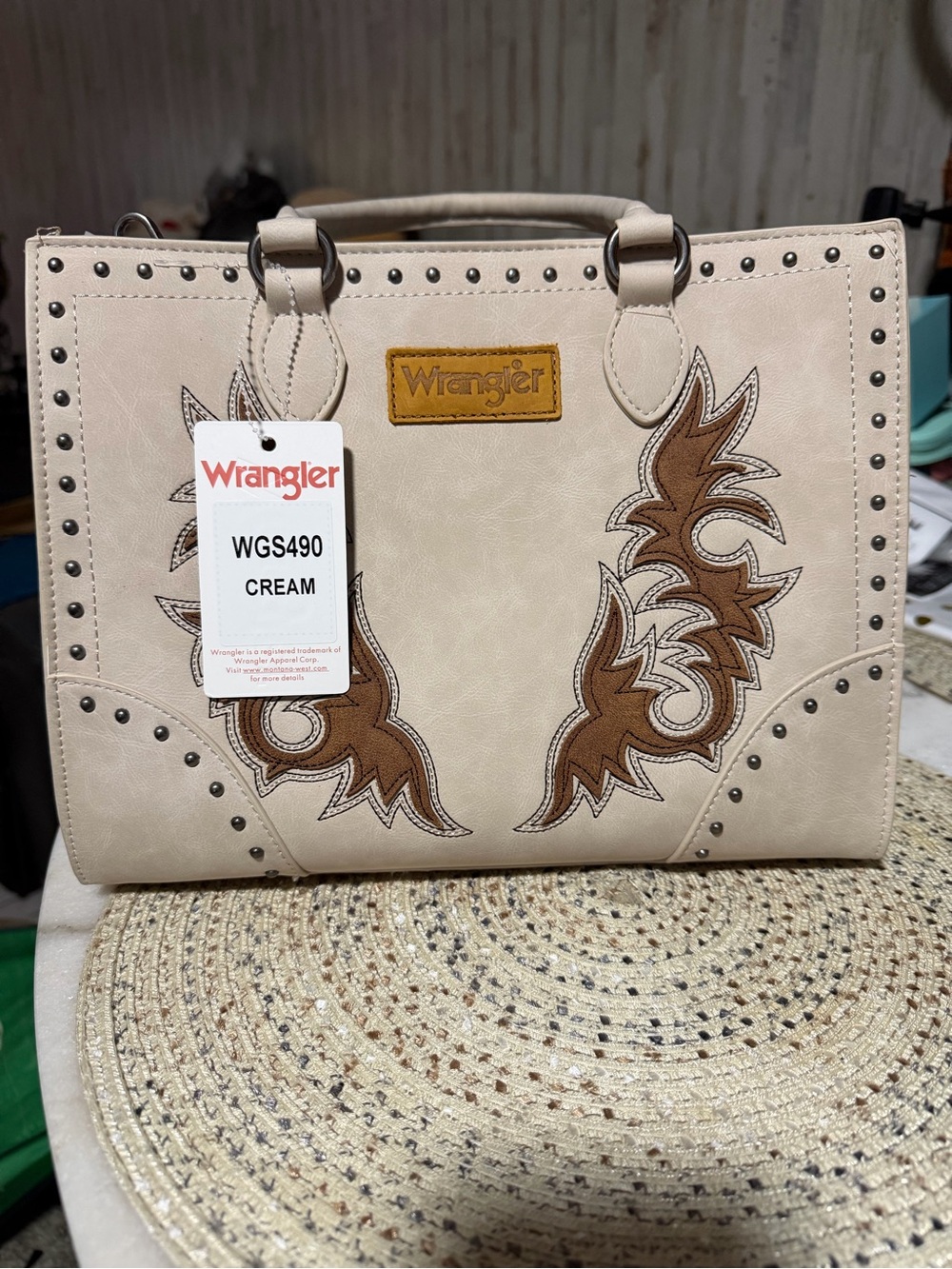 Wrangler Cream Satchel with Brown Western Embroidery - Picture 2 of 8